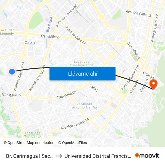 Br. Carimagua I Sector (Cl 39b Sur - Kr 72i) to Universidad Distrital Francisco José De Caldas - Sede Vivero map