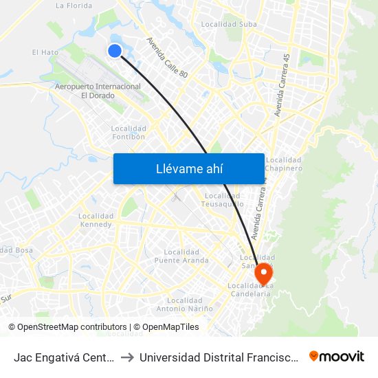 Jac Engativá Centro (Cl 66b - Kr 121) to Universidad Distrital Francisco José De Caldas - Sede Vivero map