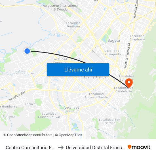 Centro Comunitario El Porvenir (Cl 52 Sur - Kr 100) to Universidad Distrital Francisco José De Caldas - Sede Vivero map