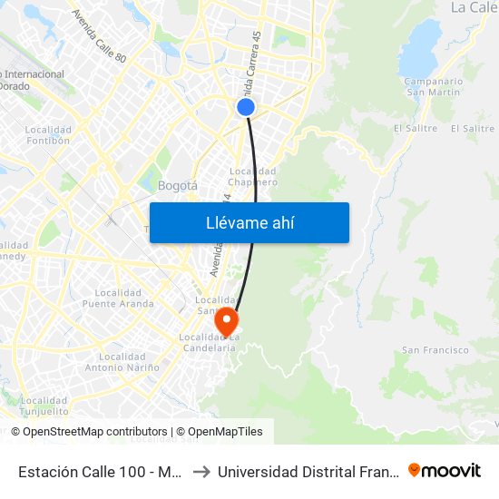 Estación Calle 100 - Marketmedios (Auto Norte - Cl 95) to Universidad Distrital Francisco José De Caldas - Sede Vivero map