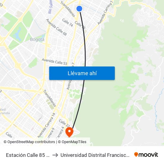 Estación Calle 85 (Auto Norte - Cl 85) to Universidad Distrital Francisco José De Caldas - Sede Vivero map