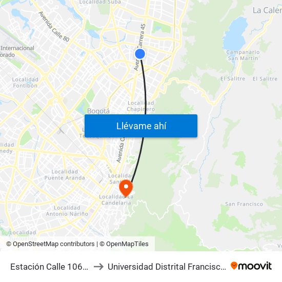 Estación Calle 106 (Auto Norte - Cl 105) to Universidad Distrital Francisco José De Caldas - Sede Vivero map