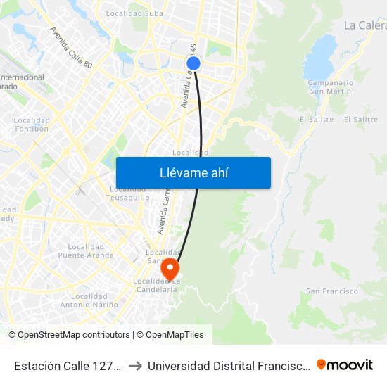 Estación Calle 127 (Auto Norte - Cl 123) to Universidad Distrital Francisco José De Caldas - Sede Vivero map