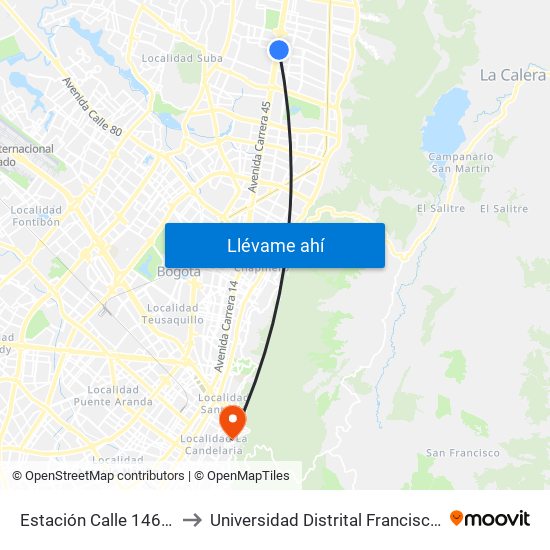 Estación Calle 146 (Auto Norte - Cl 148) to Universidad Distrital Francisco José De Caldas - Sede Vivero map