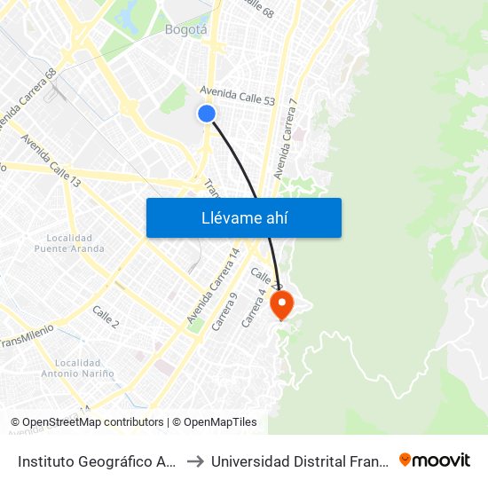 Instituto Geográfico Agustín Codazzi (Av. NQS - Cl 48) to Universidad Distrital Francisco José De Caldas - Sede Vivero map