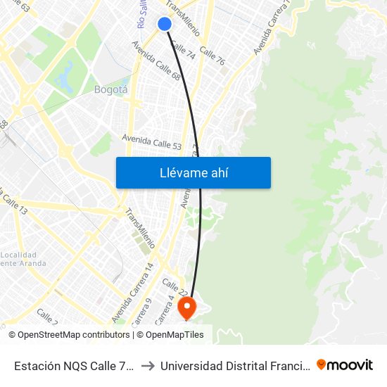 Estación NQS Calle 75 - Zona M (Av. NQS - Cl 75) to Universidad Distrital Francisco José De Caldas - Sede Vivero map