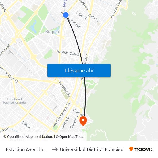 Estación Avenida Chile (Av. NQS - Cl 70) to Universidad Distrital Francisco José De Caldas - Sede Vivero map