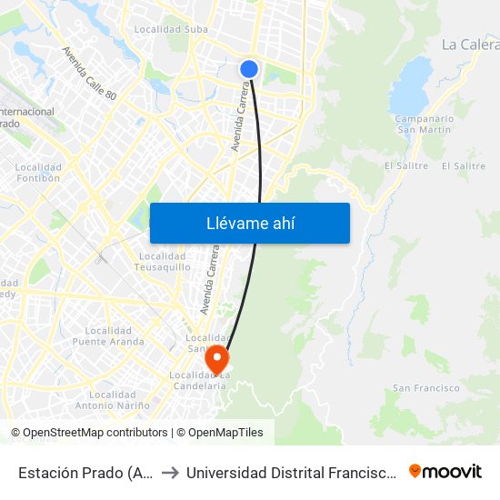 Estación Prado (Auto Norte - Cl 128a) to Universidad Distrital Francisco José De Caldas - Sede Vivero map