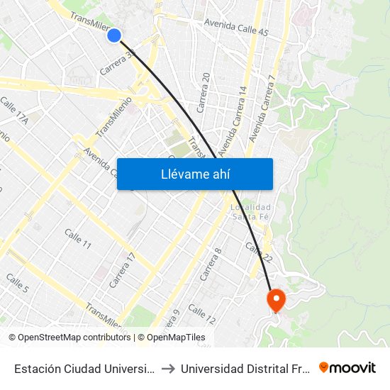 Estación Ciudad Universitaria - Lotería De Bogotá (Ac 26 - Kr 36) to Universidad Distrital Francisco José De Caldas - Sede Vivero map