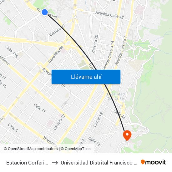 Estación Corferias (Ac 26 - Kr 39) to Universidad Distrital Francisco José De Caldas - Sede Vivero map