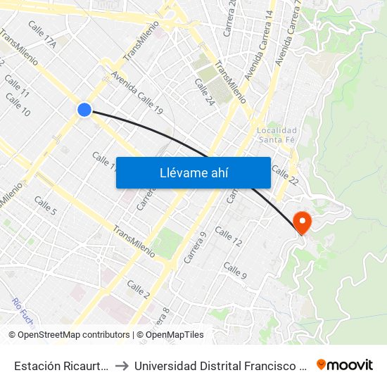 Estación Ricaurte (Ac 13 - Kr 29) to Universidad Distrital Francisco José De Caldas - Sede Vivero map