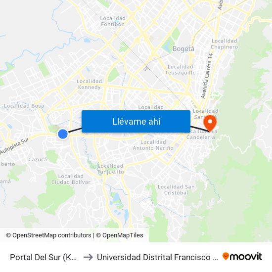 Portal Del Sur (Kr 72d - Cl 57k Sur) to Universidad Distrital Francisco José De Caldas - Sede Vivero map