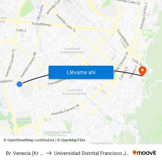 Br. Venecia (Kr 50 - Dg 45 Sur) to Universidad Distrital Francisco José De Caldas - Sede Vivero map