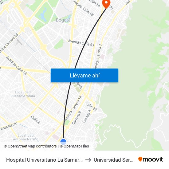 Hospital Universitario La Samaritana (Kr 8 - Cl 0 Sur) to Universidad Sergio Arboleda map