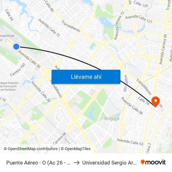 Puente Aéreo - O (Ac 26 - Kr 106) to Universidad Sergio Arboleda map