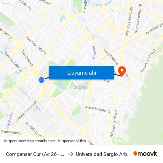 Compensar Cur (Ac 26 - Kr 69) to Universidad Sergio Arboleda map