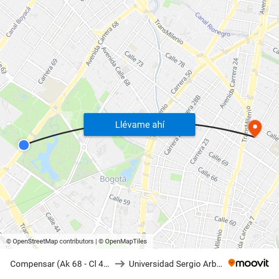 Compensar (Ak 68 - Cl 49) (D) to Universidad Sergio Arboleda map