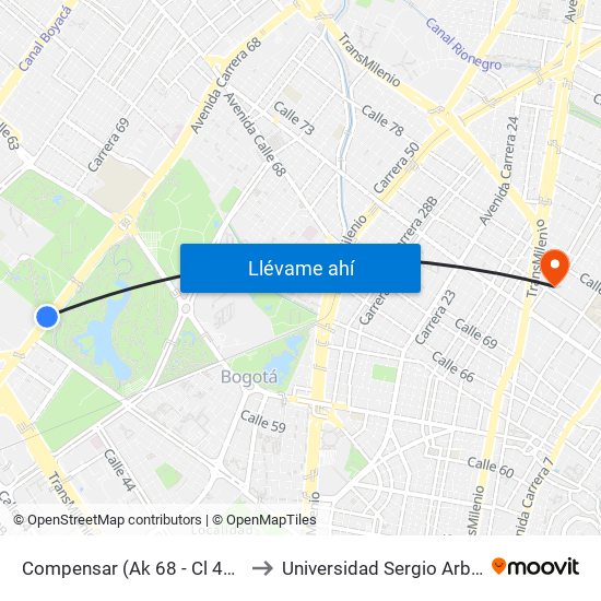 Compensar (Ak 68 - Cl 49a) (B) to Universidad Sergio Arboleda map