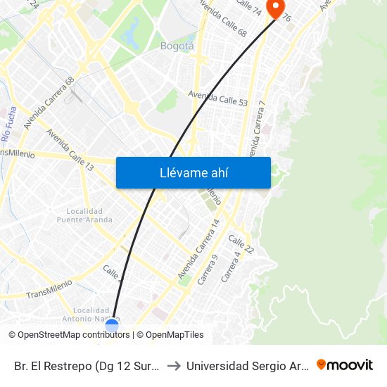 Br. El Restrepo (Dg 12 Sur - Kr 18) to Universidad Sergio Arboleda map