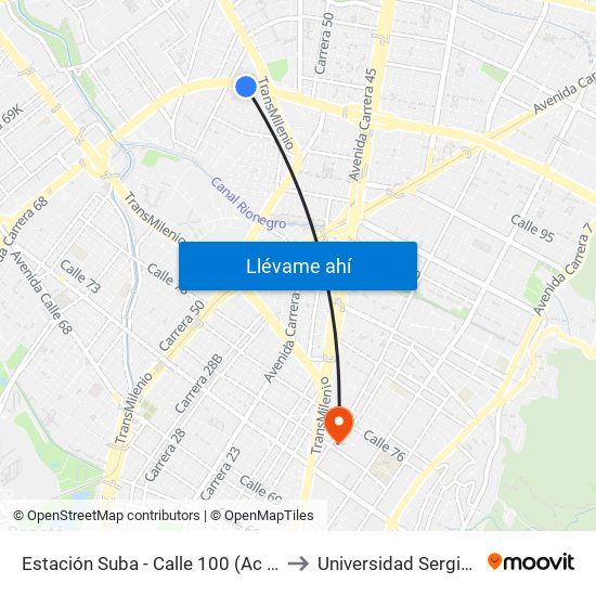 Estación Suba - Calle 100 (Ac 100 - Kr 62) (C) to Universidad Sergio Arboleda map