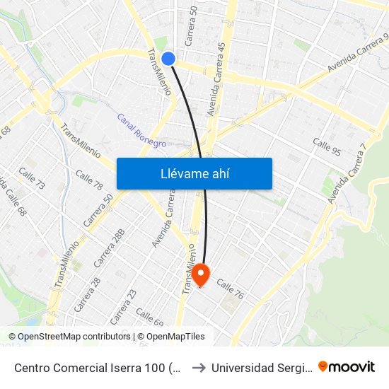 Centro Comercial Iserra 100 (Ac 100 - Tv 55) (C) to Universidad Sergio Arboleda map