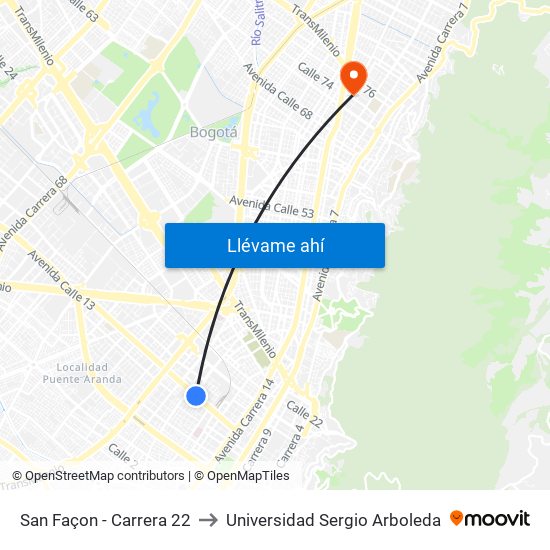 San Façon - Carrera 22 to Universidad Sergio Arboleda map