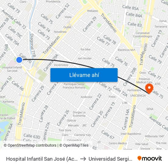 Hospital Infantil San José (Ac 68 - Kr 52) (B) to Universidad Sergio Arboleda map