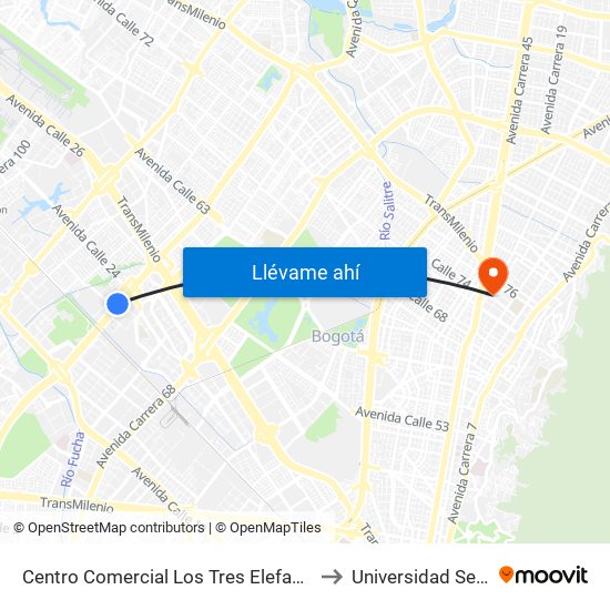 Centro Comercial Los Tres Elefantes (Av. Boyacá - Cl 23) (C) to Universidad Sergio Arboleda map