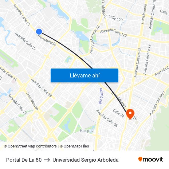 Portal De La 80 to Universidad Sergio Arboleda map
