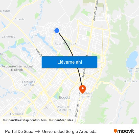 Portal De Suba to Universidad Sergio Arboleda map