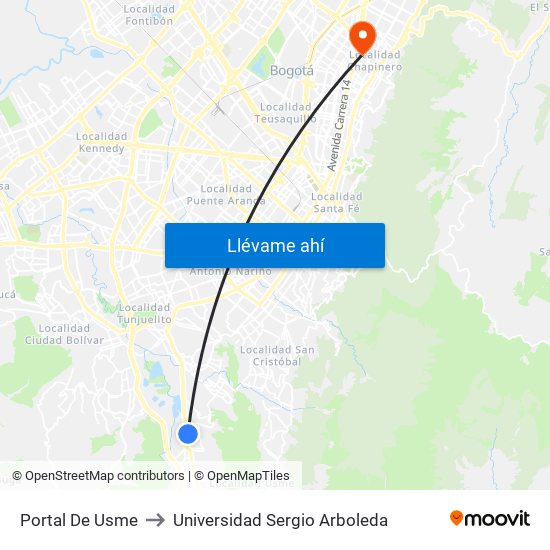 Portal De Usme to Universidad Sergio Arboleda map