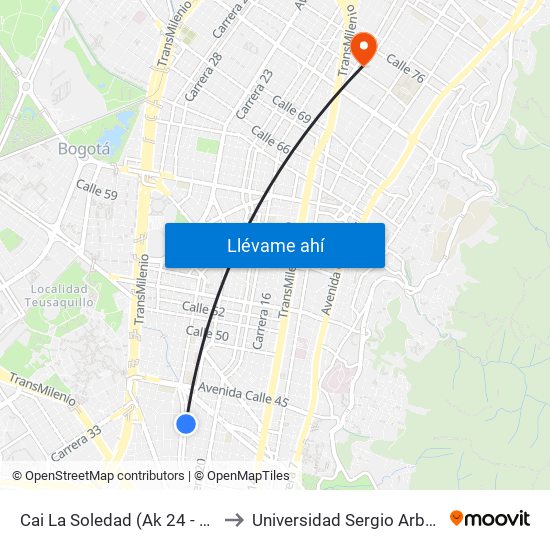 Cai La Soledad (Ak 24 - Cl 40) to Universidad Sergio Arboleda map