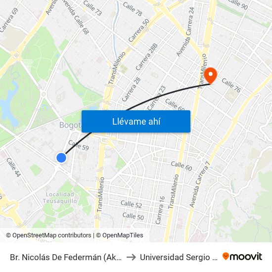 Br. Nicolás De Federmán (Ak 50 - Cl 57b) to Universidad Sergio Arboleda map