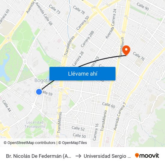 Br. Nicolás De Federmán (Ak 50 - Cl 59) to Universidad Sergio Arboleda map