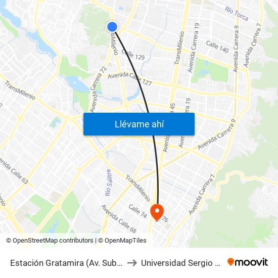 Estación Gratamira (Av. Suba - Cl 132a) to Universidad Sergio Arboleda map