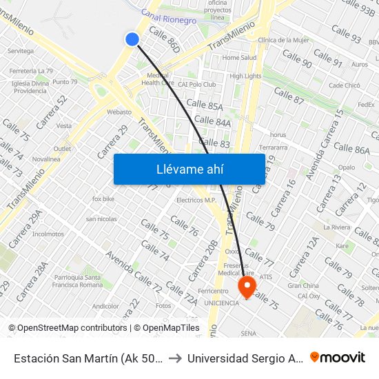 Estación San Martín (Ak 50 - Cl 86b) to Universidad Sergio Arboleda map
