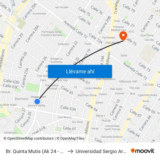 Br. Quinta Mutis (Ak 24 - Cl 63a) to Universidad Sergio Arboleda map