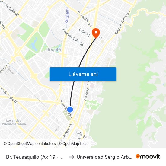 Br. Teusaquillo (Ak 19 - Ac 32) to Universidad Sergio Arboleda map