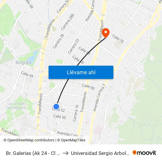 Br. Galerías (Ak 24 - Cl 52) to Universidad Sergio Arboleda map