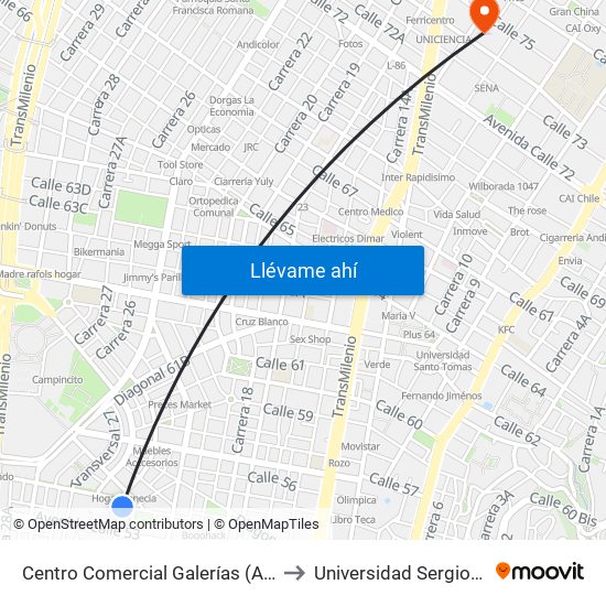 Centro Comercial Galerías (Ak 24 - Ac 53) to Universidad Sergio Arboleda map