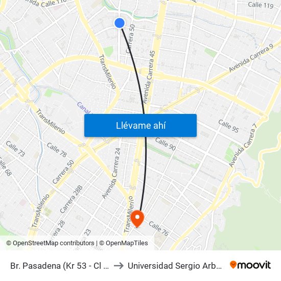 Br. Pasadena (Kr 53 - Cl 107) to Universidad Sergio Arboleda map