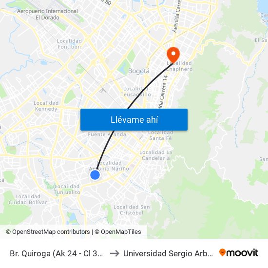 Br. Quiroga (Ak 24 - Cl 31 Sur) to Universidad Sergio Arboleda map