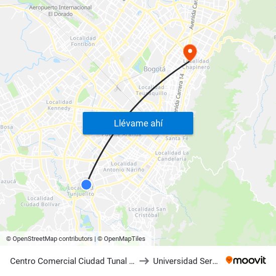Centro Comercial Ciudad Tunal (Ak 24a - Cl 48b Sur) to Universidad Sergio Arboleda map