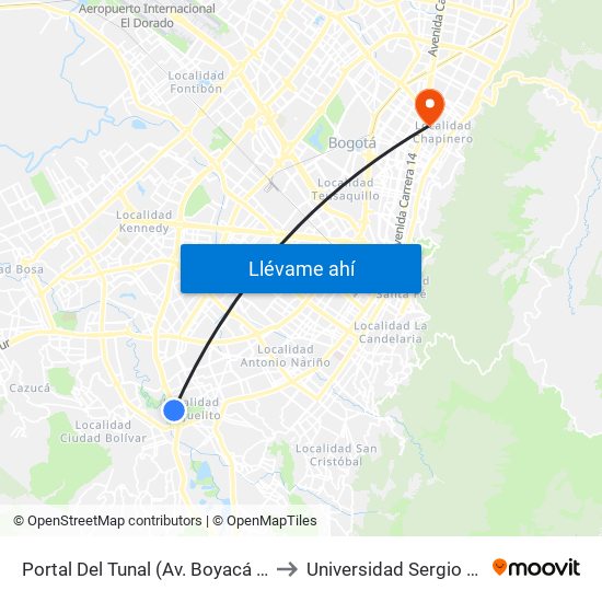 Portal Del Tunal (Av. Boyacá - Ak 24) (A) to Universidad Sergio Arboleda map