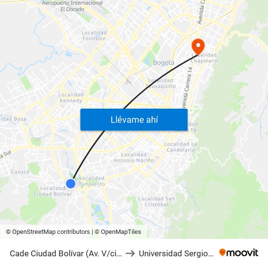 Cade Ciudad Bolívar (Av. V/cio - Tv 34) (B) to Universidad Sergio Arboleda map
