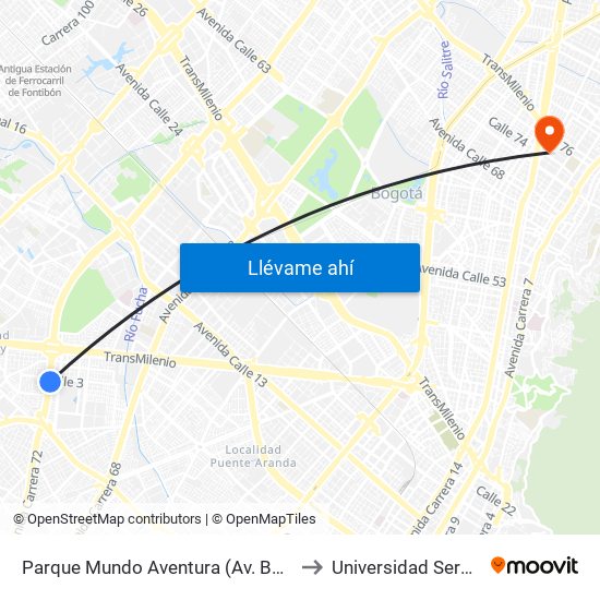 Parque Mundo Aventura (Av. Boyacá - Cl 2a Bis) (A) to Universidad Sergio Arboleda map