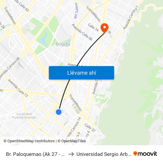Br. Paloquemao (Ak 27 - Ac 19) to Universidad Sergio Arboleda map
