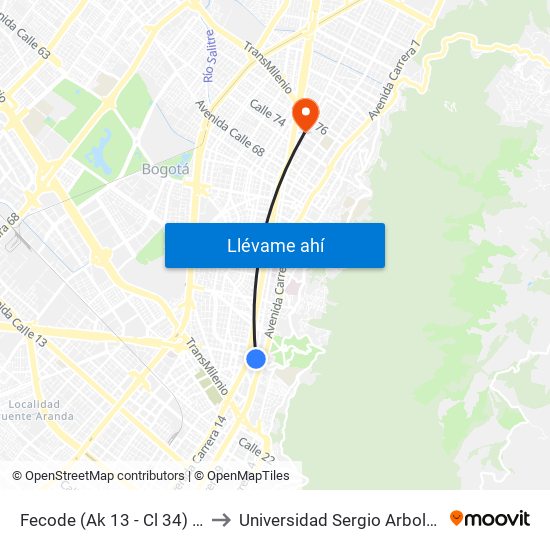 Fecode (Ak 13 - Cl 34) (A) to Universidad Sergio Arboleda map