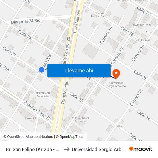 Br. San Felipe (Kr 20a - Cl 74) to Universidad Sergio Arboleda map