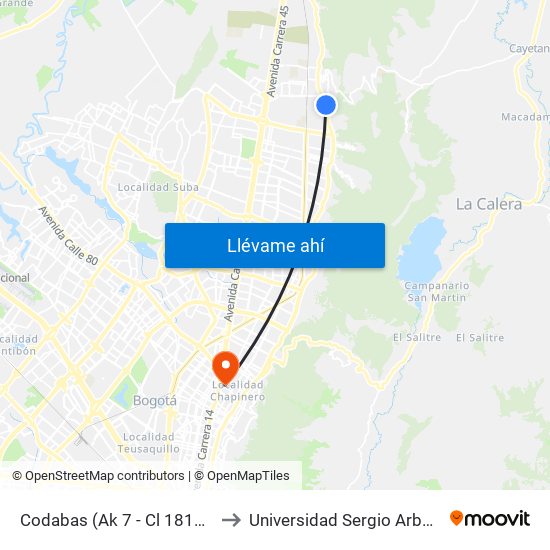 Codabas (Ak 7 - Cl 181a) (A) to Universidad Sergio Arboleda map